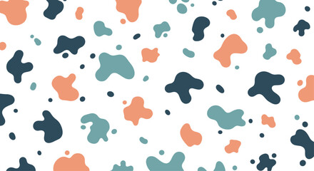 Abstract pattern featuring organic shapes in muted teal, dusty rose, and navy blue scattered across a clean white background, creating a modern aesthetic.