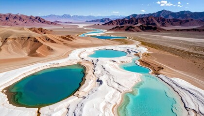 An aerial view of striking turquoise lakes nestled within a barren desert landscape, bordered by white mineral deposits and distant, rugged mountains.