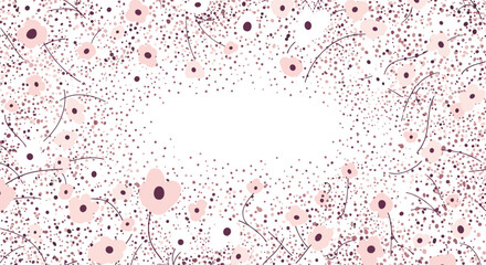Delicate floral background with scattered pink blossoms and subtle brown speckles creates a soft, whimsical frame for text or design elements.