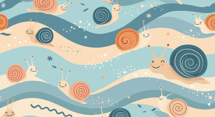 A whimsical pattern featuring adorable snails with colorful shells crawling across a flowing blue and beige landscape, sprinkled with stars.