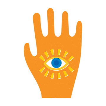 Risograph style hamsa hand with evil eye graphic for tee shirt designs, posters, graphic style
