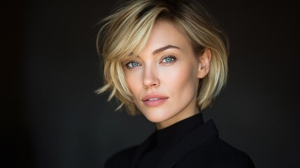 Portrait of a blonde woman with blue eyes, standing against a dark background. She has a short haircut. She is wearing a black shirt. Natural light illuminates her features.