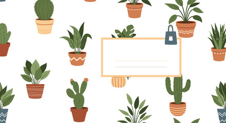 A cheerful, repeating pattern of potted houseplants and cacti creates a bright and inviting backdrop for notes or text, perfect for botanical themes.