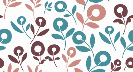 A seamless floral pattern featuring stylized blooms and leaves in muted shades of teal, burgundy, and dusty rose creates a delicate and modern botanical design.