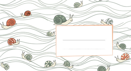 A whimsical illustration featuring numerous snails with colorful shells crawling across a background of gentle, flowing lines, with a blank rectangular frame for text.