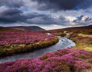purple heather moorland with winding stream under dramatic cloudy sky