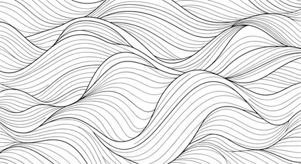 Abstract flowing lines create a dynamic wave pattern, resembling water or sand dunes, in a monochrome illustration.