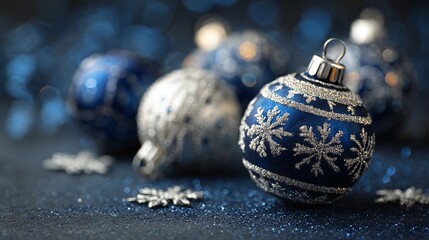 Elegant blue and silver ornaments add sparkle and shine to the festive season. With intricate snowflake patterns and shimmering surfaces, they evoke the magic of winter.