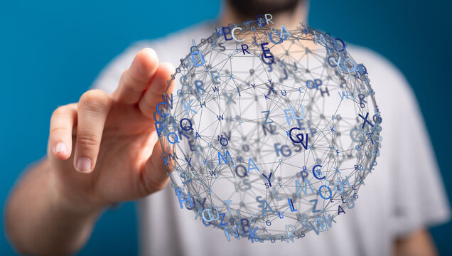 Abstract design with sphere of letters and hand interaction. Representing global data, internet, technology, an - Powered by Adobe