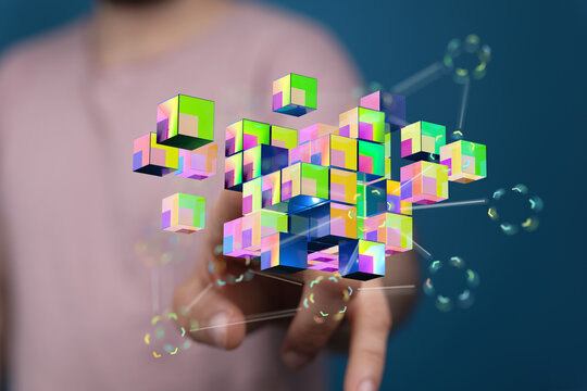 3D render of hand touching digital data network with glowing cubes. Modern technology and connection concept. F