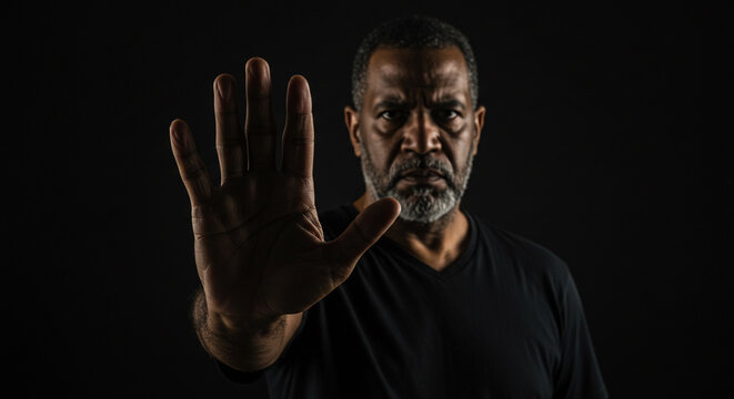Serious man with stern expression holds up hand in a stop gesture against dark background, conveying authority and caution. - Powered by Adobe