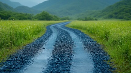 A peaceful gravel road winds through vibrant fields and distant mountains