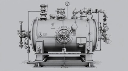 A detailed, monochromatic engineering-style drawing of an industrial boiler, showcasing intricate piping and pressure regulation equipment against a neutral backdrop.