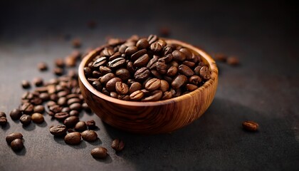 aromatic roasted coffee beans in a wooden bowl on a dark surface
