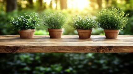 Fototapeta premium Green plants sit in pots on a wooden table, illuminated by soft sunlight in a lush garden