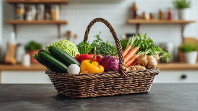 Fresh basket of colorful organic vegetables on a kitchen counter