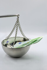 100 Euro banknotes on balance scale symbolizing financial justice concept.