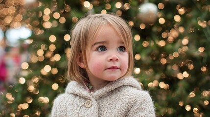 A captivating close-up of a sweet little girl with curious eyes, wearing a cozy neutral hooded sweater, set against a festive backdrop of soft, glowing lights. 177/180