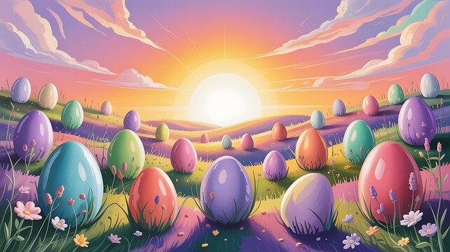 Colorful easter eggs in a field at sunset, spring holiday celebration scene - Powered by Adobe