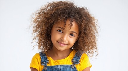 A captivating studio portrait of a young girl with a warm smile. Her curly hair adds charm to her cheerful expression. She is wearing a bright yellow shirt with denim overalls.