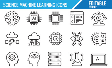 Thin Line Style Artificial Intelligence Icons Including Algorithms, Robotics, Databases, Neural Networks, and Cloud Systems