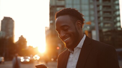 A man beams with joy, illuminated by the warm glow of the setting sun. He's dressed in a suit, gazing at his cellphone, against a cityscape backdrop.