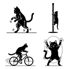 Cat workout silhouette black cat doing human activities isolated on walking, climbing, riding and dancing