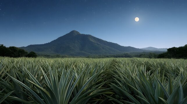 A vast tropical plantation of ripening pine s under a starry night sky with a full moon and mountain silhouette
