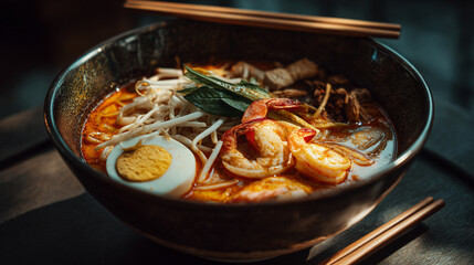 A close up shot of a bowl of noodle soup with shrimp and egg and chopsticks on top of the bowl