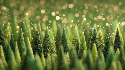 Abstract landscape view with multiple triangular shaped trees. Bokeh lights and sparkles. Soft shades of greens and yellows. Forest, plants, nature, and peaceful atmosphere.