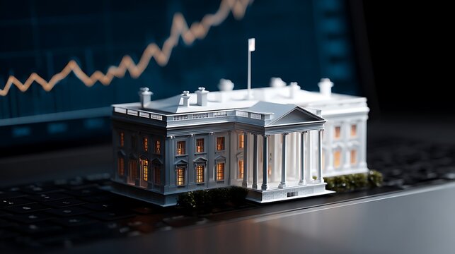 3D model of white house placed on dark laptop keyboard, with rising graph in background, symbolizes real estate growth and investment opportunities.