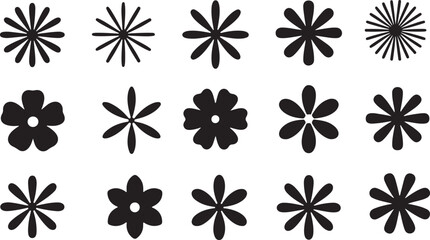 Collection of diverse black floral and starburst graphic design elements isolated on a clean white background for creative projects