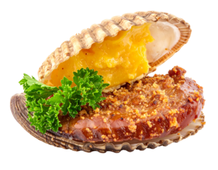 An open scallop shell displays a savory dish with a textured top and a yellow filling, garnished with fresh green herbs