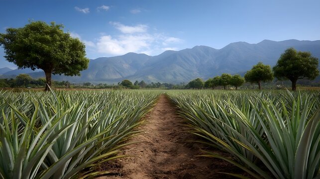A scenic pine plantation with neat rows stretching towards distant mountains under a clear blue sky