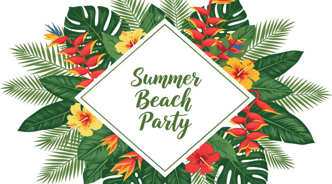 Summer Beach Party Invitation with Tropical Leaves and Flowers.