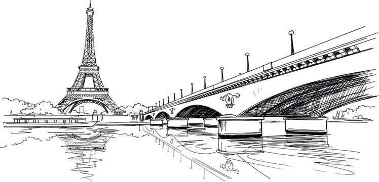 Eiffel Tower and Pont Neuf Bridge Sketch in Paris France.