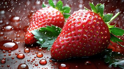 Juicy strawberries are resting on a wooden table, surrounded by sparkling water droplets