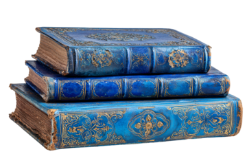 Stack of Three Antique Blue Leather Gold Embossed Books