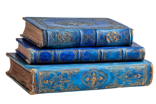 Stack of Three Antique Blue Leather Gold Embossed Books - Powered by Adobe