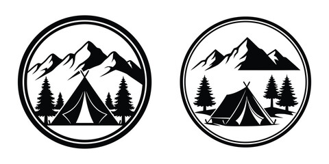 Camping and mountain adventure round badge logo vector set