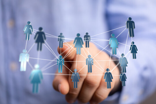 Concept of global connection, social network, business communication, and community with hand pointing to human