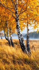 Autumn birch trees with golden leaves line a field, blurring into a distant misty lake under a bright sky