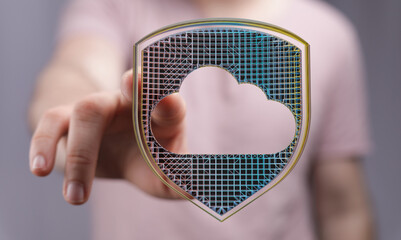 Secure cloud data storage concept represented by a hand holding a shield with a cloud shape,...