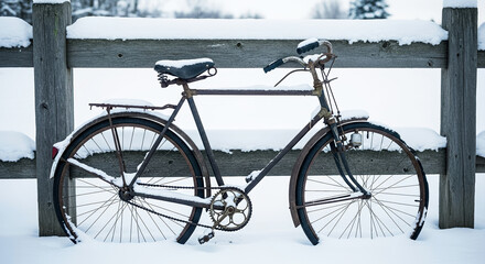 Obraz premium Old bicycle in snow rests peacefully near wooden fence after winter storm, offering rustic charm. Old bicycle showcases weathered vintage transportation.
