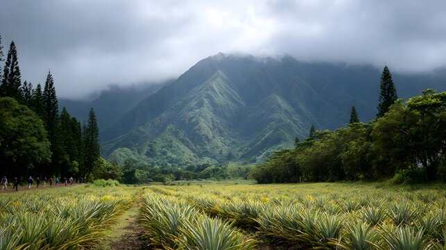 Vast tropical pine plantation stretches towards mist shrouded mountains under dramatic cloudy skies with a distant group of hikers