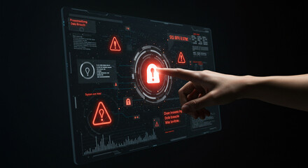 Human finger interacts with glowing digital security interface displaying lock and warning symbols on futuristic dark screen