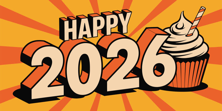 Festive happy new year celebration graphic with colorful abstract elements and bold typography