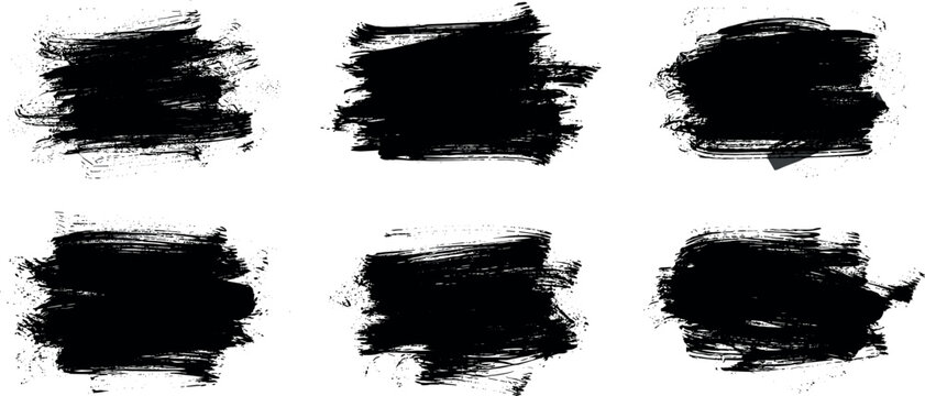 Set of six black grunge brush strokes on a white background. Abstract textured paint smudges perfect for design elements, banners, and frames