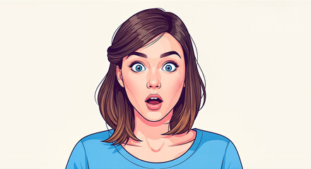 A cartoon illustration of a young woman with a surprised expression and wide blue eyes.