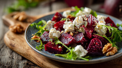 A vibrant beet salad with feta cheese and walnuts on a rustic wooden board close up shot view